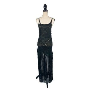 New LA Class Black Crochet Knit Fringe Maxi Cover Up Womens size Large